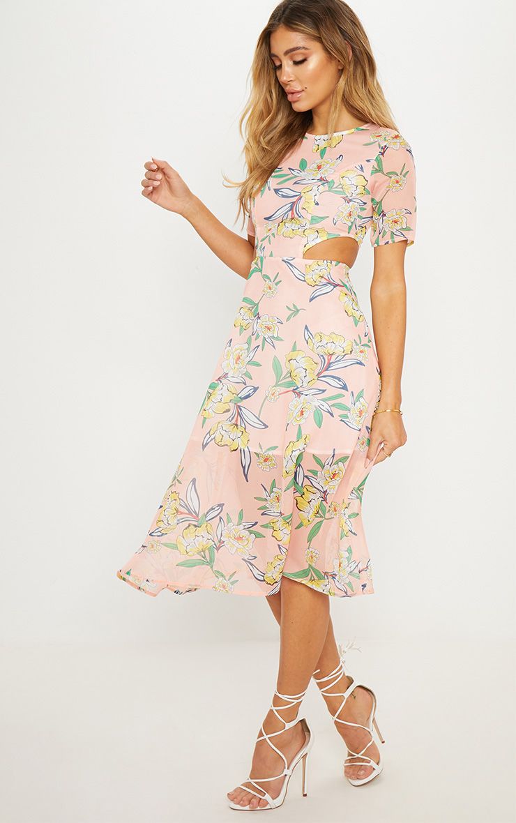 PINK FLORAL CAP SLEEVE CUT OUT MIDI DRESS